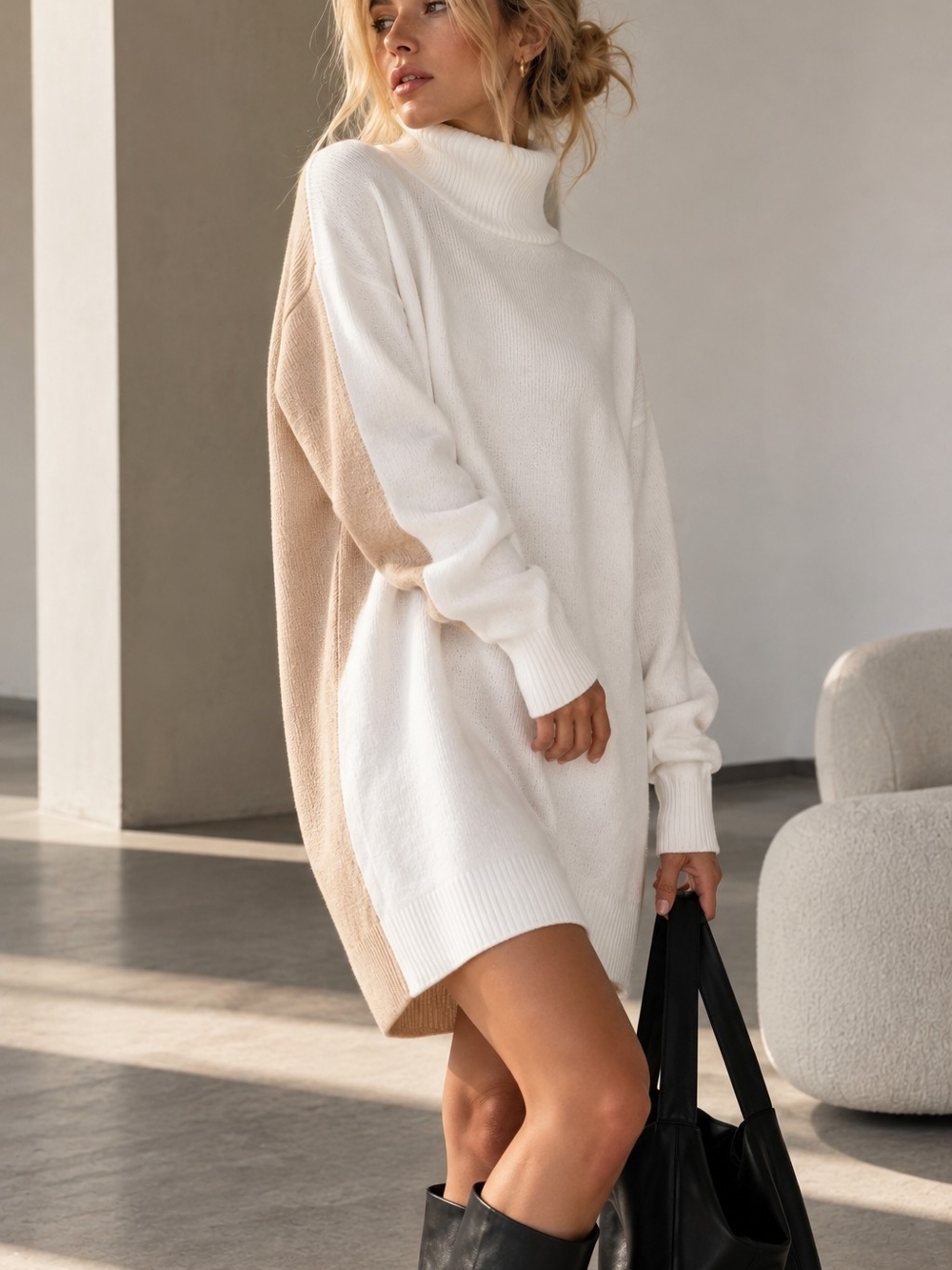 525 America Colorblock Turtleneck Sweater Dress Cream Beige M/ NWT
